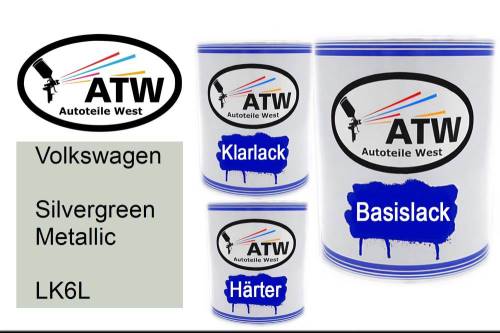 Volkswagen, Silvergreen Metallic, LK6L: 1L Lackdose + 1L Klarlack + 500ml Härter - Set, von ATW Autoteile West.